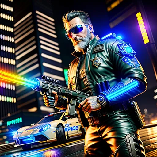 Prompt: Science fiction fantasy art, action shot, cyperpunk fan art render, hyperrealistic, super detailed, 8k, high quality, intricate details, highly detailed, cyberpunk theme, cyberpunk city at night background, flashing police cars,  Middle-aged police officer, pissed off mood, sunglasses, beard, HDR, ray-tracing, hyper-detailed, half robot half human body, science fiction fantasy, long messy hair, unreal engine 5, 8k detailed, digital, artstation, hd, octane render, dynamic shadows, intricate details, 8k, cinematic volumetric lighting, proportional, art trending on artstation, intricate details, highly detailed, intricate artwork masterpiece, ominous, intricate, epic, highly detailed, vibrant, wide angle lens, HD texture pack 