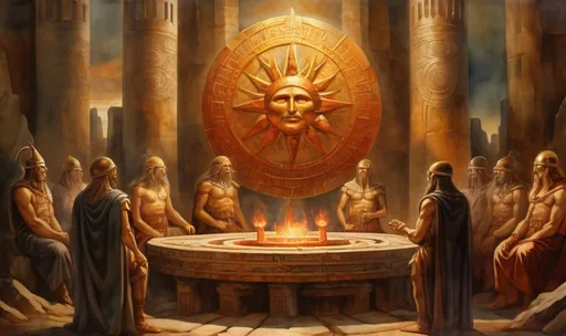 Prompt: in the foreground are the ancient people Hyperboreans, who possessed secret knowledge and worshiped the sun god, in the background a view of Hyperborea, watercolor, oil painting, a masterpiece, the legendary northern country, the ancient Slavs, the ancient Greeks