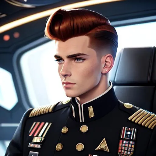 Prompt: A handsome freckled guy with a short chestnut slicked back pompadour undercut with ginger highlights and sideburns is sitting in a spaceship inspired by star wars and wearing a black retrofuturistic military space starfleet admiral uniform, star trek vibes, moles, serious demeanor by vladimir volegov and alexander averin and pierre auguste cot and delphin enjolras and peder mørk mønsted with a evil face and red light and shadow with a fire background.