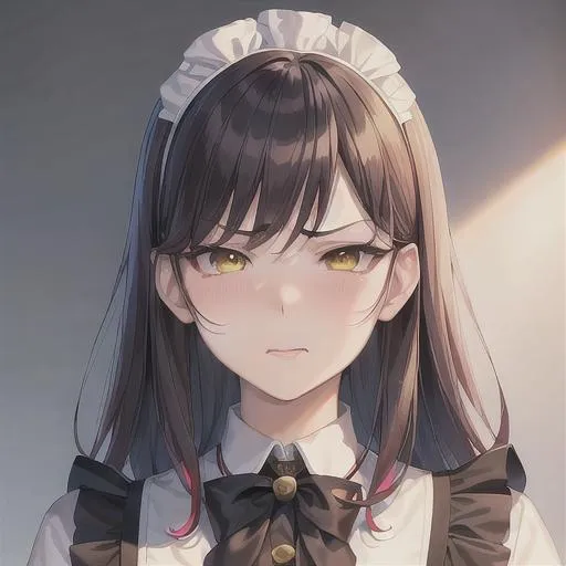 Prompt: (masterpiece, illustration, best quality:1.2), blushing, tsundere, smug expression, disgusted expression, portrait, medium black hair, yellow eyes, wearing maid outfit, best quality face, best quality, best quality skin, best quality eyes, best quality lips, ultra-detailed eyes, ultra-detailed hair, ultra-detailed, illustration, colorful, soft glow, 1 girl, leading into a desk