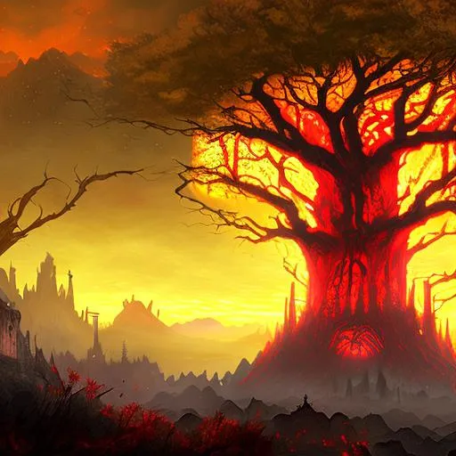 Prompt: The world of Elden Ring with the World Tree with a glowing yellow/red hue in the background and a decaying castle in the foreground and all of this overseeing the world of Elden Ring zoomed out over a large landscape with a gothic art style
