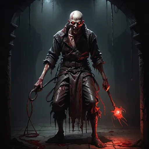 Prompt: Full body, Fantasy Illustration of an undead torturer, wearing blood-stained worn out leather garment, whip, glowing red eyes, evil, dark and eerie lighting, spooky atmosphere, high quality, rpg-fantasy, detailed character design, atmospheric, torture chamber