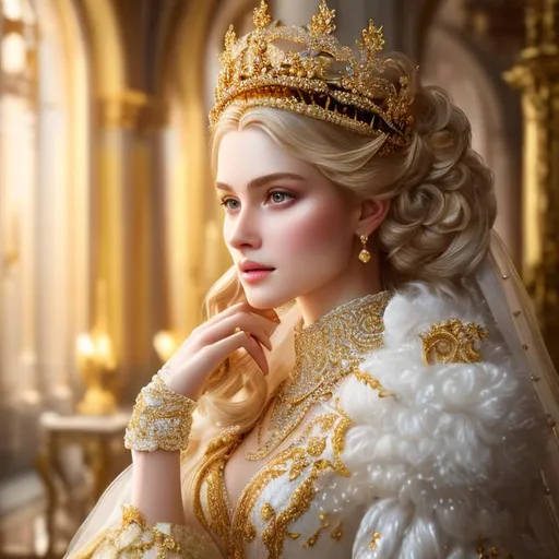 Prompt: beautiful photograph of most beautiful fictional, Queen, goodnes, heavenly, royal, White and golden, extremely, detailed environment, detailed blur background, intricate, detailed skin, natural colors , High-resolution, professionally color graded, photorealism, 8k, moody lighting.