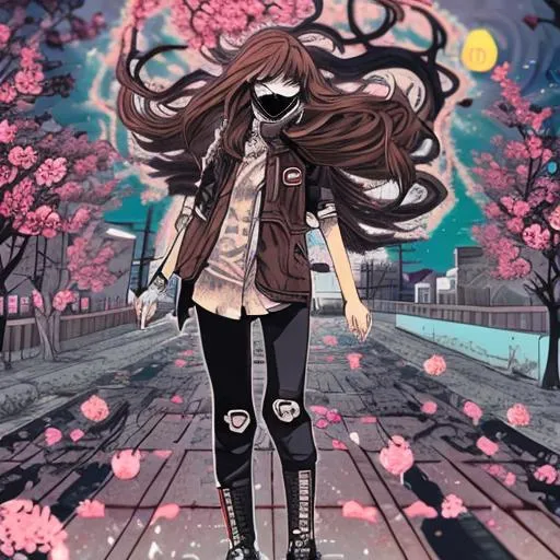 Prompt: Anime brown hair character profile wearing all black with mask running through a apocalyptic city theme, cherry blossom trees surrounding, trippy psychedelic sky, dark, gloomy