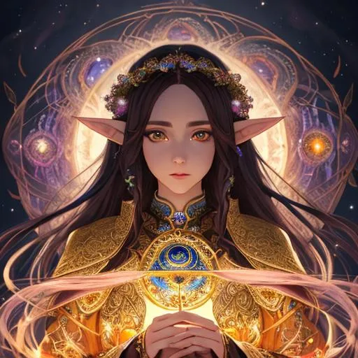 Prompt: "Full body, oil painting, fantasy, anime portrait of  a young female elf wearing intricate priestess robes surrounded by monsters, long curly dark brown hair #3238, UHD, hd , 8k eyes, detailed face, big anime dreamy eyes, 8k eyes, intricate details, insanely detailed, masterpiece, cinematic lighting, 8k, complementary colors, golden ratio, octane render, volumetric lighting, unreal 5, artwork, concept art, cover, top model, light on hair colorful glamourous hyperdetailed medieval city background, intricate hyperdetailed breathtaking colorful glamorous scenic view landscape, ultra-fine details, hyper-focused, deep colors, dramatic lighting, ambient lighting god rays, flowers, garden | by sakimi chan, artgerm, wlop, pixiv, tumblr, instagram, deviantart