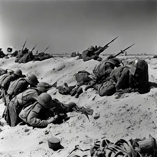 Prompt: Battle of El Alamein 1942 seeking Shelter Amidst Artillery Barrage and Trenches