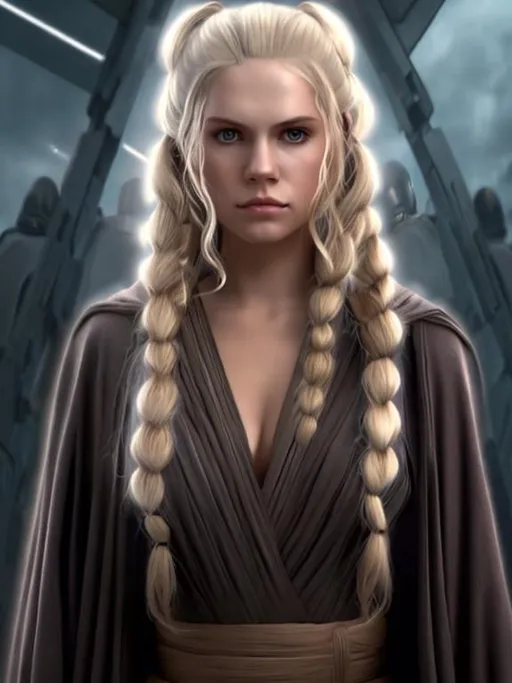 Prompt: star wars jedi knight beautiful long wave blonde hair busty dark brown jedi robes