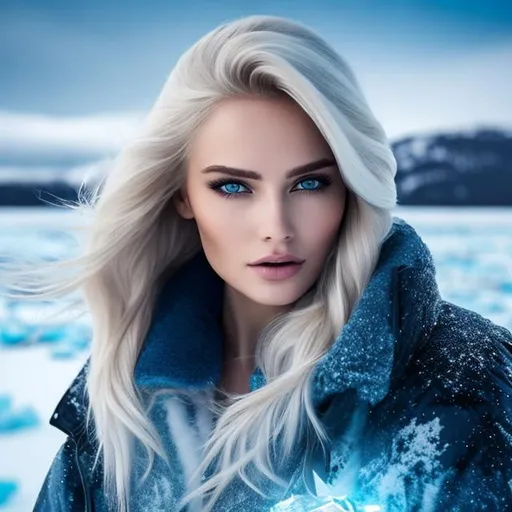 Prompt: lady of the ice, blonde hair, blue eyes, in the middle of an iced lake, snowstorm, highly detailed, professional, render, Sharp focus, HD, UHD, HDR, hyperrealistic