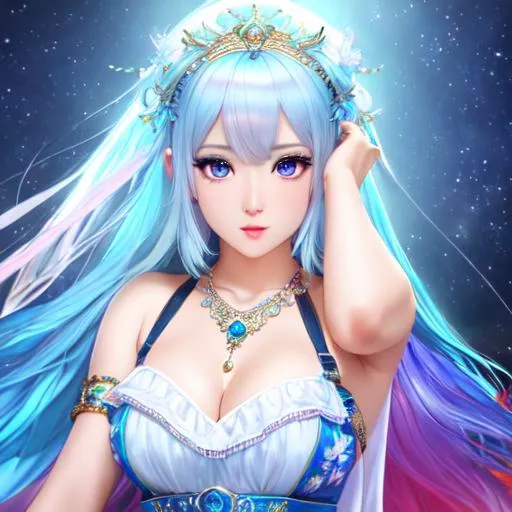 Prompt: oil painting, , UHD, 8K, Very Detailed, detailed face, full body character visible, jung goddess character with ethereal fantastical light skin & colourful hair, she has visible eyes, sleeveless short white dress, white thighhighs with corean lips and blue hair with a sad face expression

