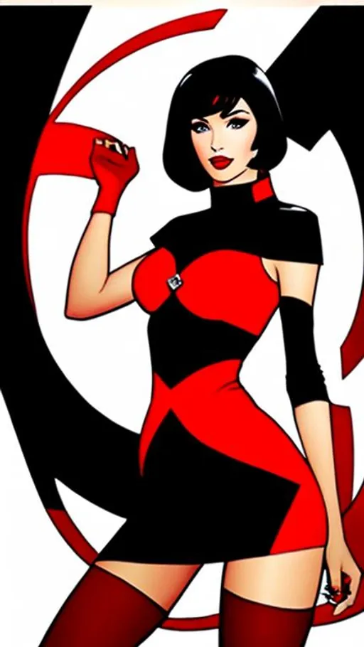 Prompt: full body drawing of a beautiful woman with dark black hair and a red dress. She is wearing a red domino mask like that of Robin. She is drawn in the comic-book style of Adam Hughes