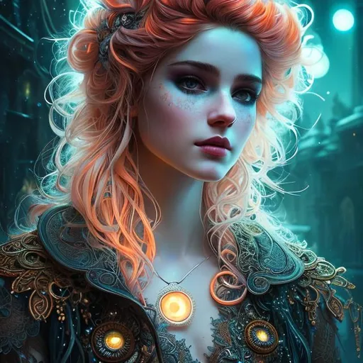 Prompt: Insanely detailed Portrait photograph of beautiful woman in rags, she has straight and bright neon orange hair and an ultra detailed face, lacy white clothes, symmetrical bright neon yellow cat pupils, silver circlet, cleavage, soft face, deep colors, full moon lighting glow background, shadows, Breathtaking Fantasycore Artwork By Android Jones, Jean Baptiste Monge, Alberto Seveso, Erin Hanson, Jeremy Mann. Intricate Photography, A Masterpiece, 8k Resolution Artstation, Unreal Engine 5, Cgsociety, Octane Photograph, sharp focus