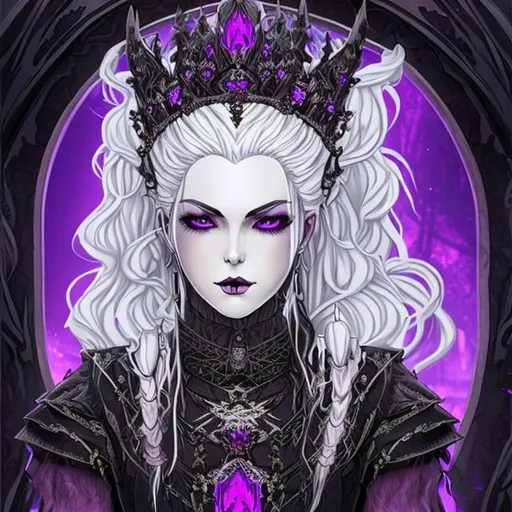 Prompt: Female queen with white hair in gothic dress hyper detailed crown with purple eyes
