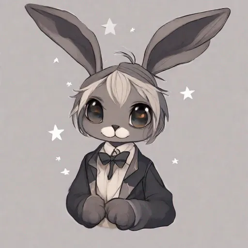 Prompt: Your OC is a lanky withered bunny, with gentle charcoal eyes. They identify as female, and have a soft voice. As an accessory, they have stars, and they can be seen wearing a vest.