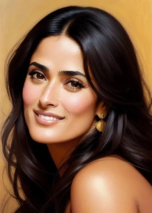 Prompt: Facial portrait of Salma Hayek in her prime, close-up, candid smile, golden tanned skin, long black hair, dark brown eyes, looking at the camera, extremely detailed painting by Greg Rutkowski and by Henry Justice Ford and by Steve Henderson