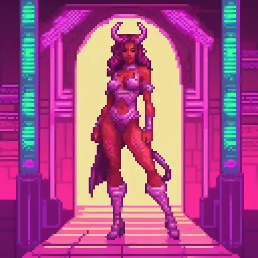 Prompt: a beautiful female demon in a dynamic pose in a retro futuristic synthwave cyberpunk neon paradise.  neon lighting, high quality, beautiful, masterpiece, artistic, synthwave, cyber, retro, futuristic