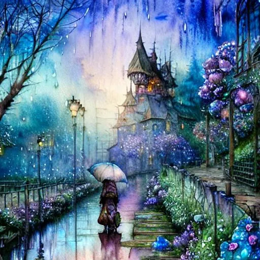 Prompt: Watercolor, wet on wet , steampunk, sunrise, petals rain, watercolor patchwork landscape village art by Daniel Merriam, Josephine Wall, Jeremy Lipkin,  Alayna Danner, holographic reflection, glossy, wet, shimmer, cinematic smooth, super clear resolution,  intricate, highly detailed, crispy quality, dynamic lighting, hyperdetailed and realistic, fantastic view