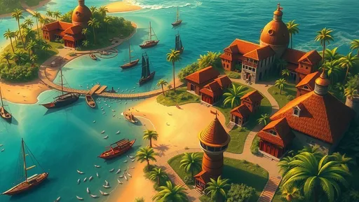 Prompt: Fantasy illustration of a (French colonial settlement), bird’s eye view, (tropical island) setting, vibrant warm color scheme, lush greenery and palm trees, quaint colonial architecture, sandy shores, tranquil waters, (adventurous atmosphere), high detail, enchanting bliss.