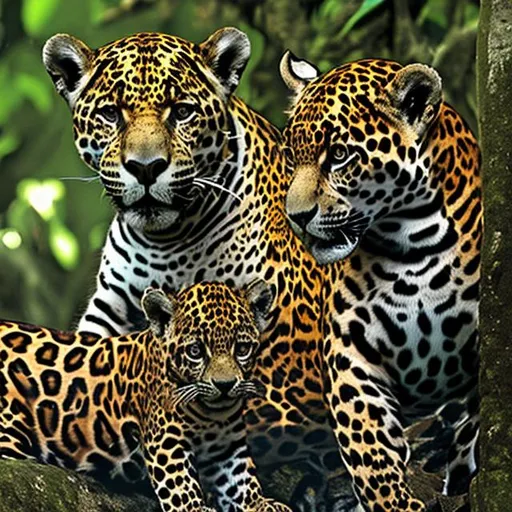 Prompt: A jaguar with cubs in a rainforest 