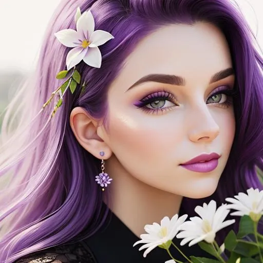 Prompt: Portrait of {woman} with {purple} hair and with cute face, {white and purple flowers}, perfect composition
