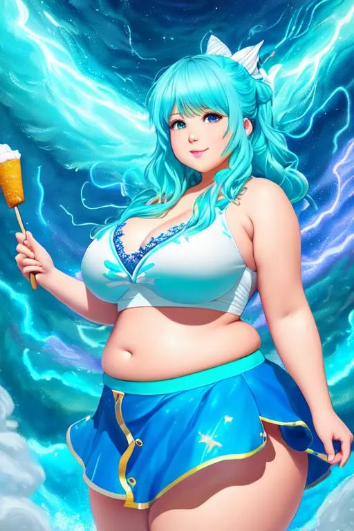 Prompt: oil painting, UHD,  8k, Very detailed, panned out, cute chubby female lightning elemental with flesh that is bluemade of lightning, fat thighs, fat belly, she has flowing hair, she wears a turquoise Japanese skirt with frosting stains on it, a turquoise cloth across her chest, she is messily eating a giant cake