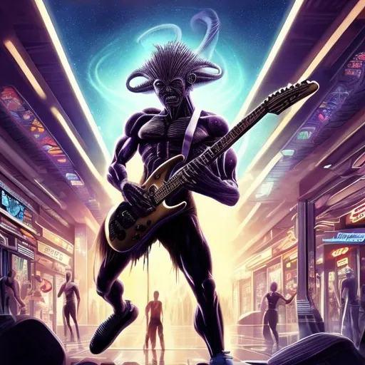 Prompt: Bodybuilding Agamemnon playing guitar for tips in a busy alien mall, widescreen, infinity vanishing point, galaxy background