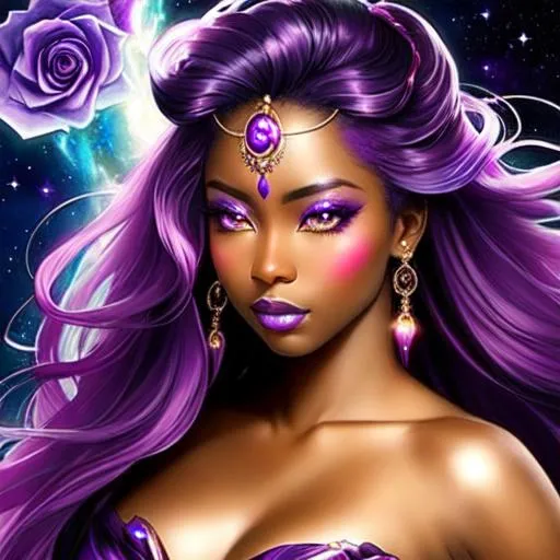 Prompt: Cosmic Epic Beautiful Nebula (Beautiful melancholy {goddess}female liquid satin}, Beautiful and Gorgeous, purple roses in hair, dark skin