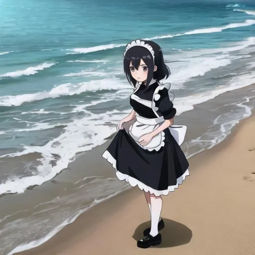 Prompt: Anime girl wearing maid outfit at beach.