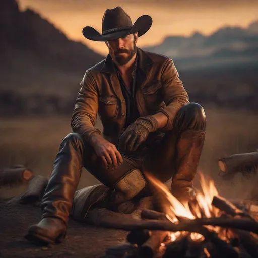 Prompt:  cowboy with a short beard wearing leather pants, leather gloves, leather shirt, bandana, sitting at a campfire at dusk, rugged western style, high quality, realistic, warm lighting, detailed textures, dramatic composition, classic cowboy