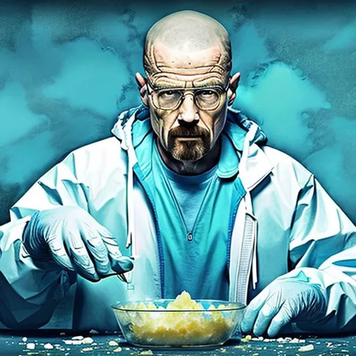 Prompt: walter white coking meth, blue theme