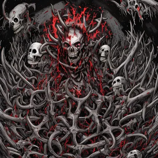 Prompt: gore blood guts skull crushed hellfire at the gates of hell moshpit of suffering humans devil horns crusified gross bloody guts shark teeth bones horror cut throat slit skin melting from body devil smiling no eyes black finger tips bird feet antlers red sky smoke wasteland uneasy enviorment drowning in hell hands trying to grab you through the walls orgy at the gates of hell wings fallen angel tall pale figure pillars church of hell anti natzi red eyes fire everywhere 