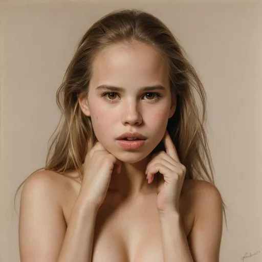 Prompt: full body look, Please paint a portrait of a beautiful girl looks like Halston Sage with her mouth slightly open and a surprised look on her face. Hand touching her cheek Sketch, Drawing, Pencil Art, Adolph Friedrich Erdmann von Menzel, 