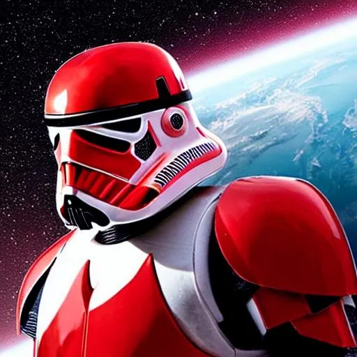 Prompt: Red storm trooper in space.