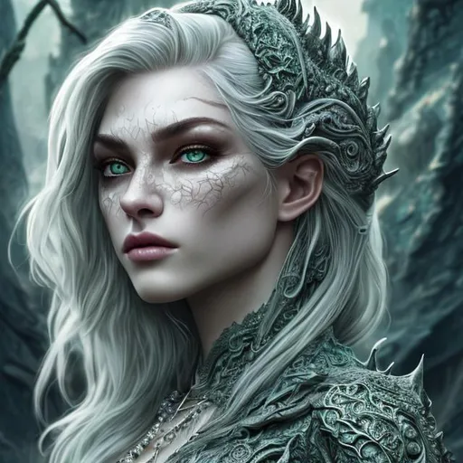 Prompt: girl, beautiful face, beatiful woman, royal, human, evil, dragon scales, white hair, luscious hair, extremely detailed, uhd, hyperrealistic, realistic, real, intricate details, perfect composition, super detailed, sharp focus, picturesque, green eyes