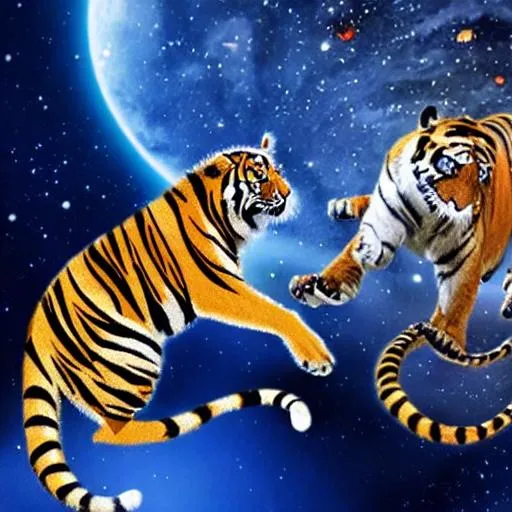 Prompt: Tiger fighting black mamba in space