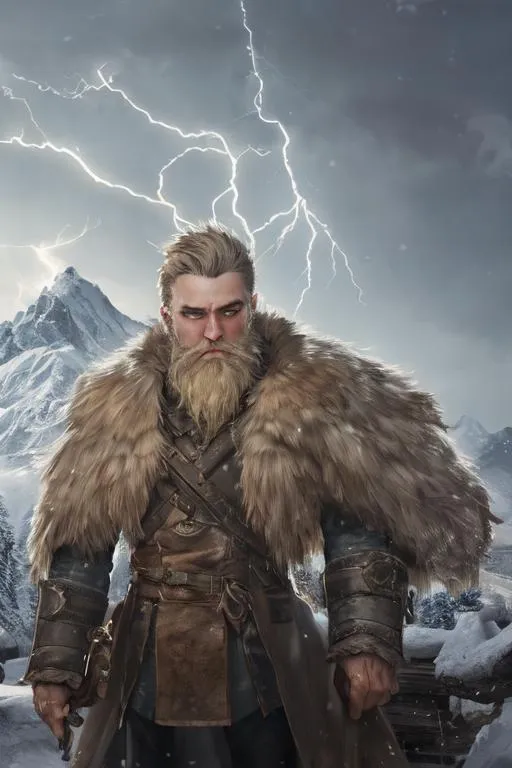 Prompt: Full body portrait of an Russian male {character} with short scruffy blonde hair and with heart-shaped face, gray eyes, blonde beard, perfect composition, snowy mountains, lightning, hyperrealistic, super detailed, 8k, high quality, trending art, trending on artstation, sharp focus, studio photo, intricate details, highly detailed, by greg rutkowski