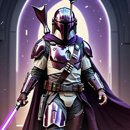 Prompt: Jedi Mandalorian with detailed armor and cloak, wielding purple dual lightsabers, digital illustration, high quality, sci-fi, fantasy, cool tones, intense lighting, futuristic setting, intricate details, professional art style