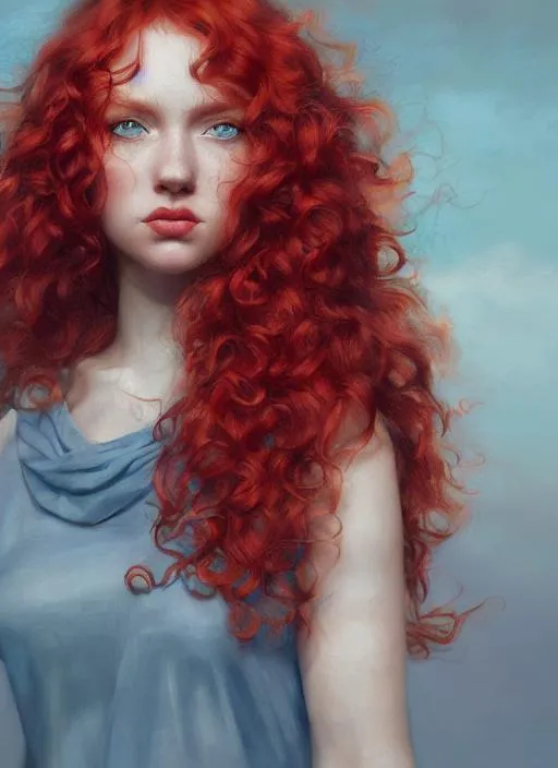Prompt: Portrait of a woman with red, curly hair, blue eyes and with cute face, perfect composition, hyperrealistic, super detailed, 8k, high quality, trending art, trending on artstation, sharp focus, studio photo, intricate details, highly detailed, by greg rutkowski