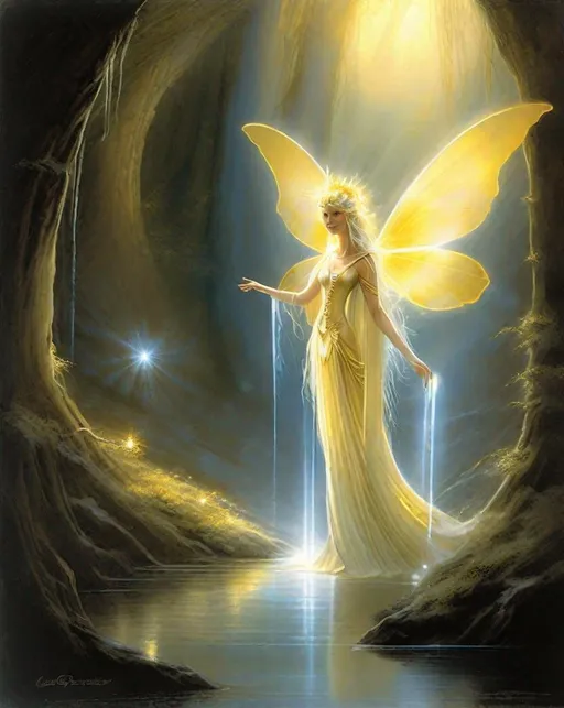 Prompt: A luminous fairy queen with ((opalescent wings)) and trailing gown steps through a ((magical portal)) into a mystical realm. Golden rays of light illuminate her ethereal form set against a backdrop of misty mountains and waterfalls. In the style of Jean-Baptiste Monge.  