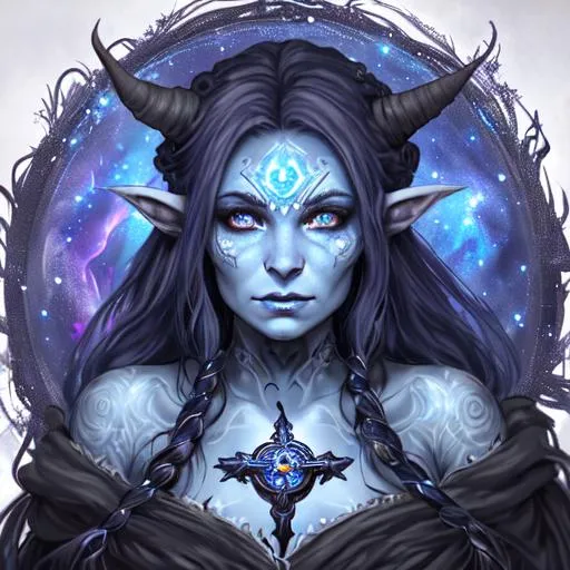 Prompt: A beautiful D&D Circle of Stars Druid, full body character portrait, dark fantasy, detailed, realistic face, digital portrait, fiverr dnd character. Of a beautiful Tiefling woman of 27 years old, with blue skin, tattoos of stars on her face and hands, one eye of black with an iris of a white cross. She is wearing a witch's robe and Hat with the underside of the Hat having a star constellation on it. Leather armor and Amethyst Cloak A dazzling purple and black sewed cloak studded with amethyst gems.