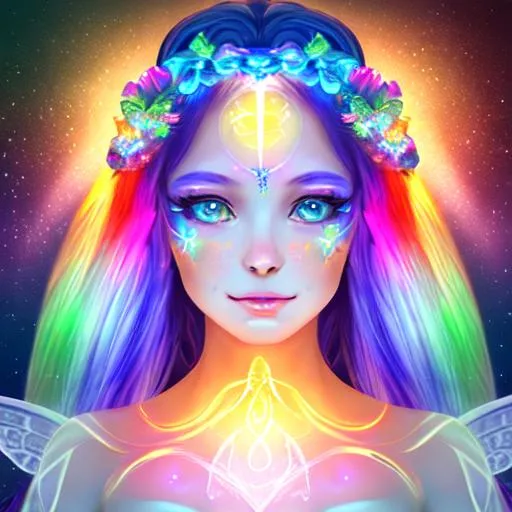 fairy goddess of light, facial closeup, rainbow