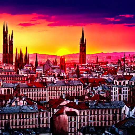 Prompt: Gothic city with sunset