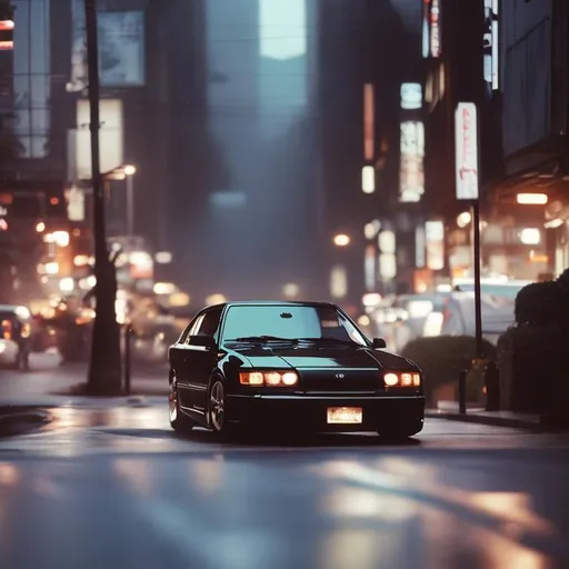 Prompt: 1990s photograph, hyper-realistic, luxury japanese businessman small black car, bright headlights in street, during day, soft light, some fog, light rain