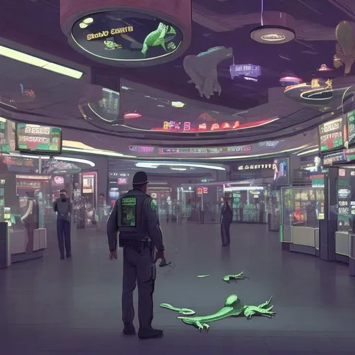 Prompt: alligator security guards in a busy alien mall, widescreen, infinity vanishing point, galaxy background, surprise easter egg