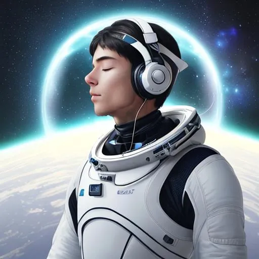 Prompt: Create an artwork depicting a man floating freely in space, with his eyes closed and a serene expression on his face. He is wearing a futuristic space suit, and instead of a helmet, he has a pair of sleek headphones on. Soft, ethereal light bathes his figure, casting a gentle glow. The surrounding environment is filled with the wonders of the cosmos, featuring distant stars, swirling galaxies, and shimmering nebulae. Musical notes and waves emanate from his headphones, intertwining with the cosmic elements, creating a symphony of color and movement that resonates throughout the scene.