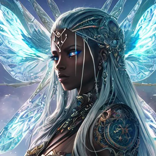 Prompt: Science fiction, fantasy, Clear, high resolution, 8k, of a bloodied futuristic, satanic, beautiful dark skinned fairy female warrior praying. bloody, sadistic, detailed , tattooed, intricate fantasy background. clear eyes. Crisp image, extremely detailed face. Intricate background. 