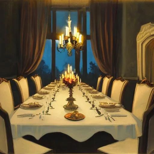 Prompt: A painting of a table set for a candlelit dinner at night