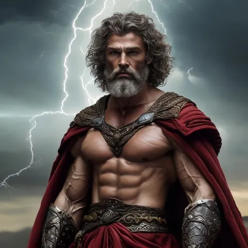 Prompt: Ancient handsome muscular man with curly hair and beard,  blue eyes,  who had power of thunder full body wearing only red cloak  4k