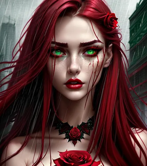 Prompt: portrait of a semi beautiful women with dark red rose on her neck ,very pretty,, heavy raining effect, green eyes,distinctive lips, highly raised nose , very stunning eyebrows, model scene, hyper detailed face ,scarlet long hair, hyper beautiful lighting , intense contrast, mesmerizing skyline, 64k, masterpiece concept art,  , cinematic style painting ,  tears 