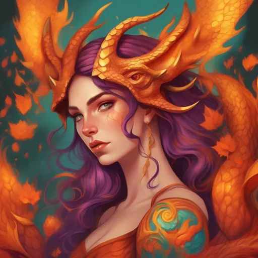 Prompt: A colourful and beautiful Persephone, she is a dragon woman, with scales for skin, horns and gold fire for hair, in a painted style