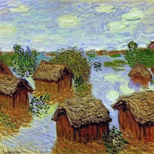 Prompt: Painting of primitive stone huts being flooded, by Claude Monet
